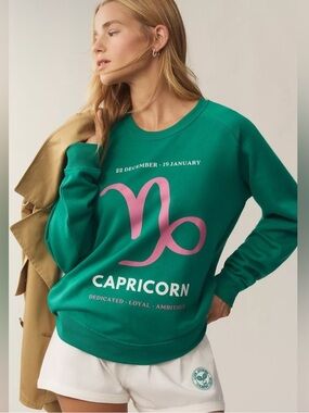 Anthropologie Green Capricorn Crewneck Sweatshirt with Pink Graphic